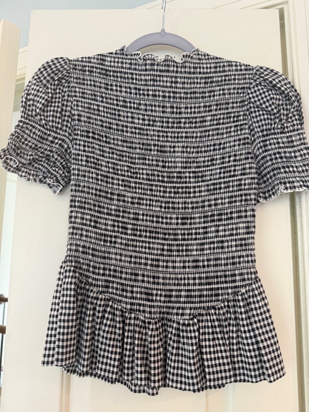 Reformation Black and White Gingham Smocked Peplum Top